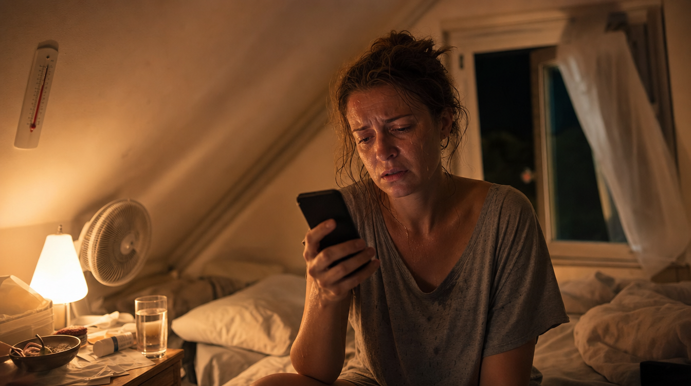 Erschöpfte Frau sitzt nachts um 3 Uhr am Bett im überhitzten Dachgeschoss-Schlafzimmer